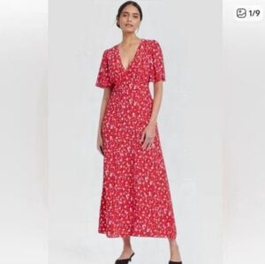 A new day Red Floral Short Sleeve V-neck Maxi Dress Size 0 BNWOT